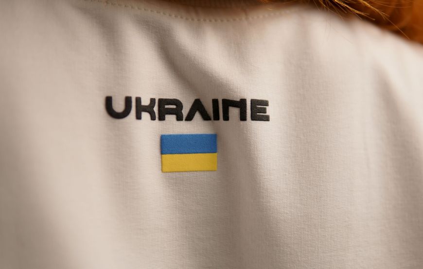 Oversize футболка «Тризуб F16» з написом Ukraine ззаду, Молочний, XS 112-02-008 фото